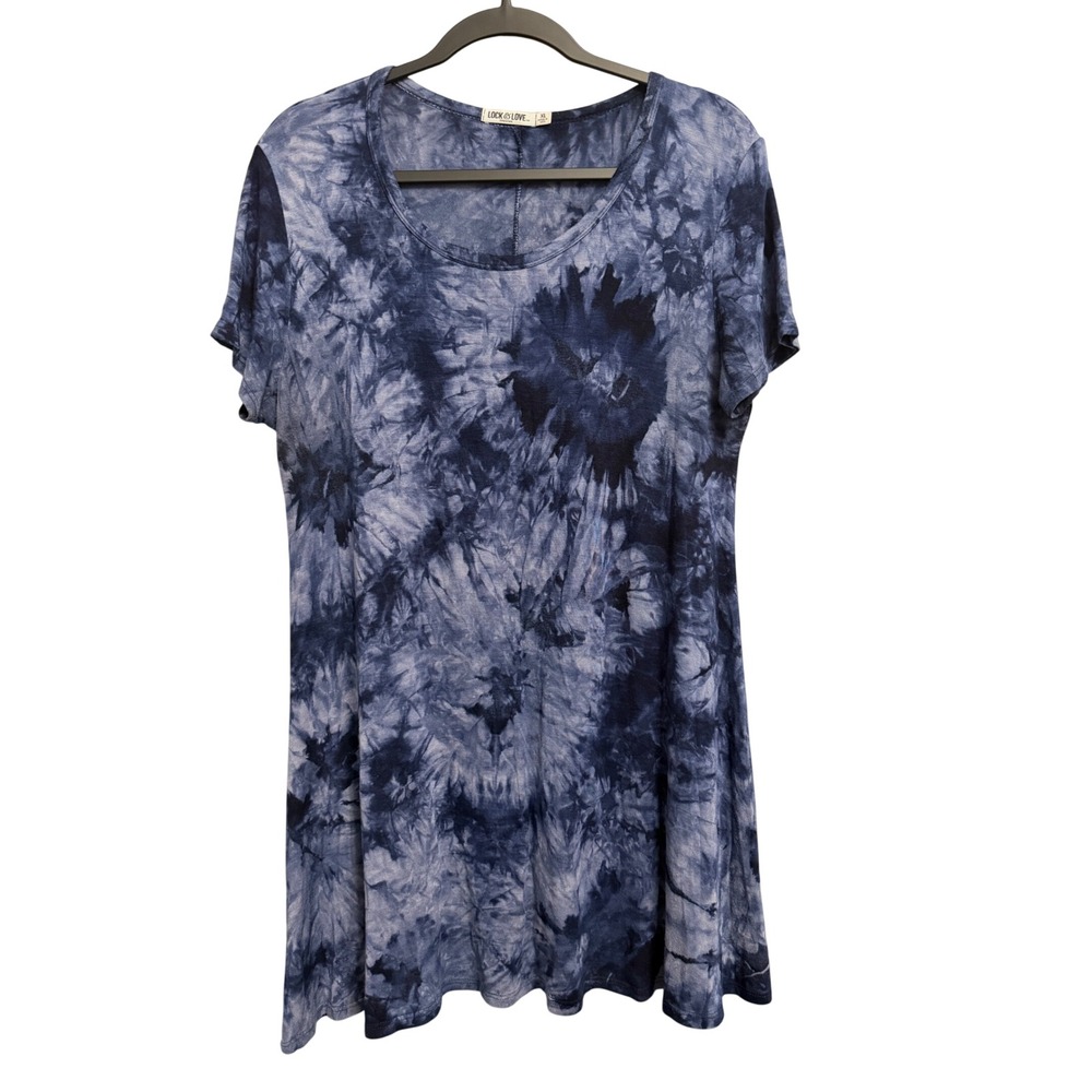 Lock and Love Premium Blue Tie Dye Short Sleeve Tunic Top XL Made in USA Boho